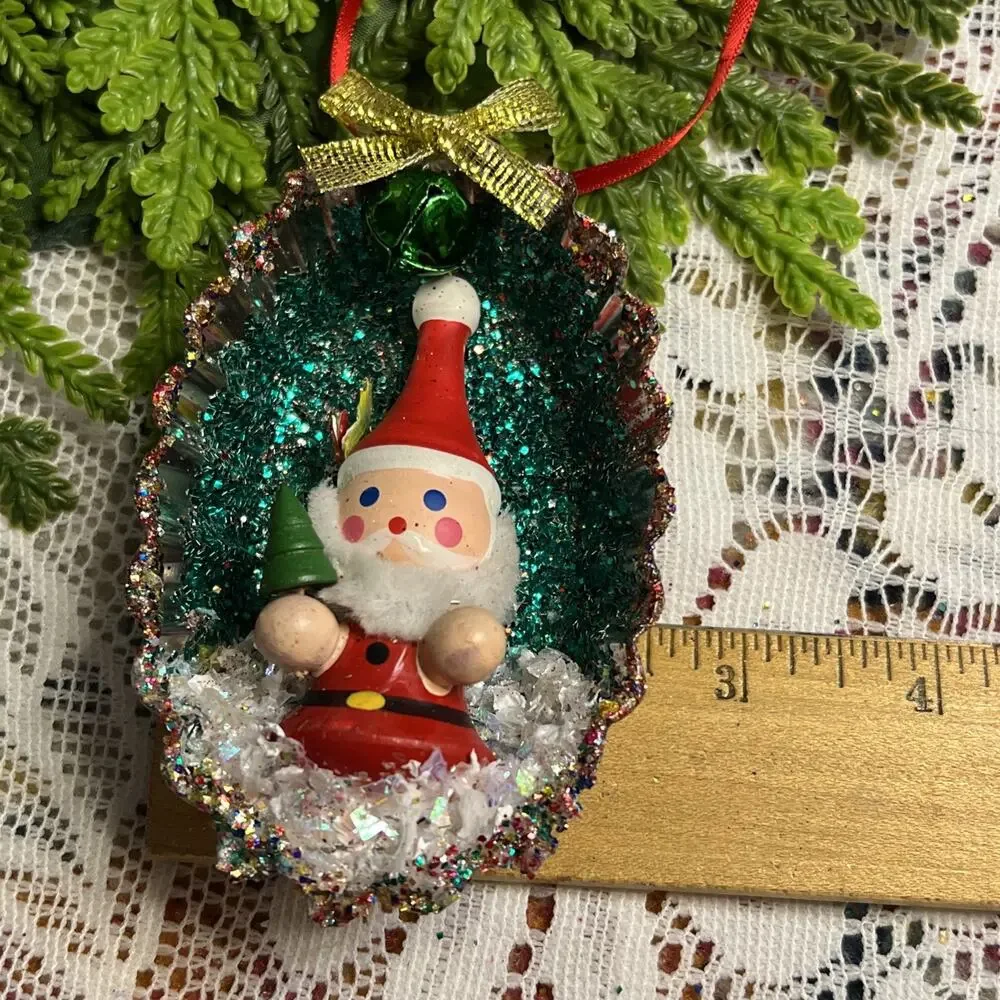 Vintage Oval Tart Tin Santa Claus Diorama Mid Century Style Glitter Ornament